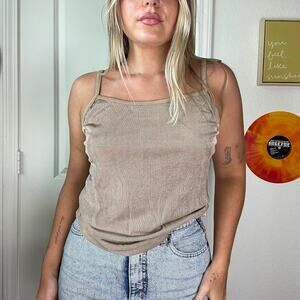 Vintage 90s Y2K Live Wire Tan Ribbed Slinky Tank Sz L